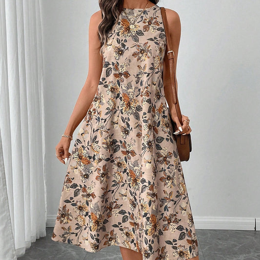 Round Neck Sleeveless Flared Hem Retro Floral Print Casual Elegant Midi Dress